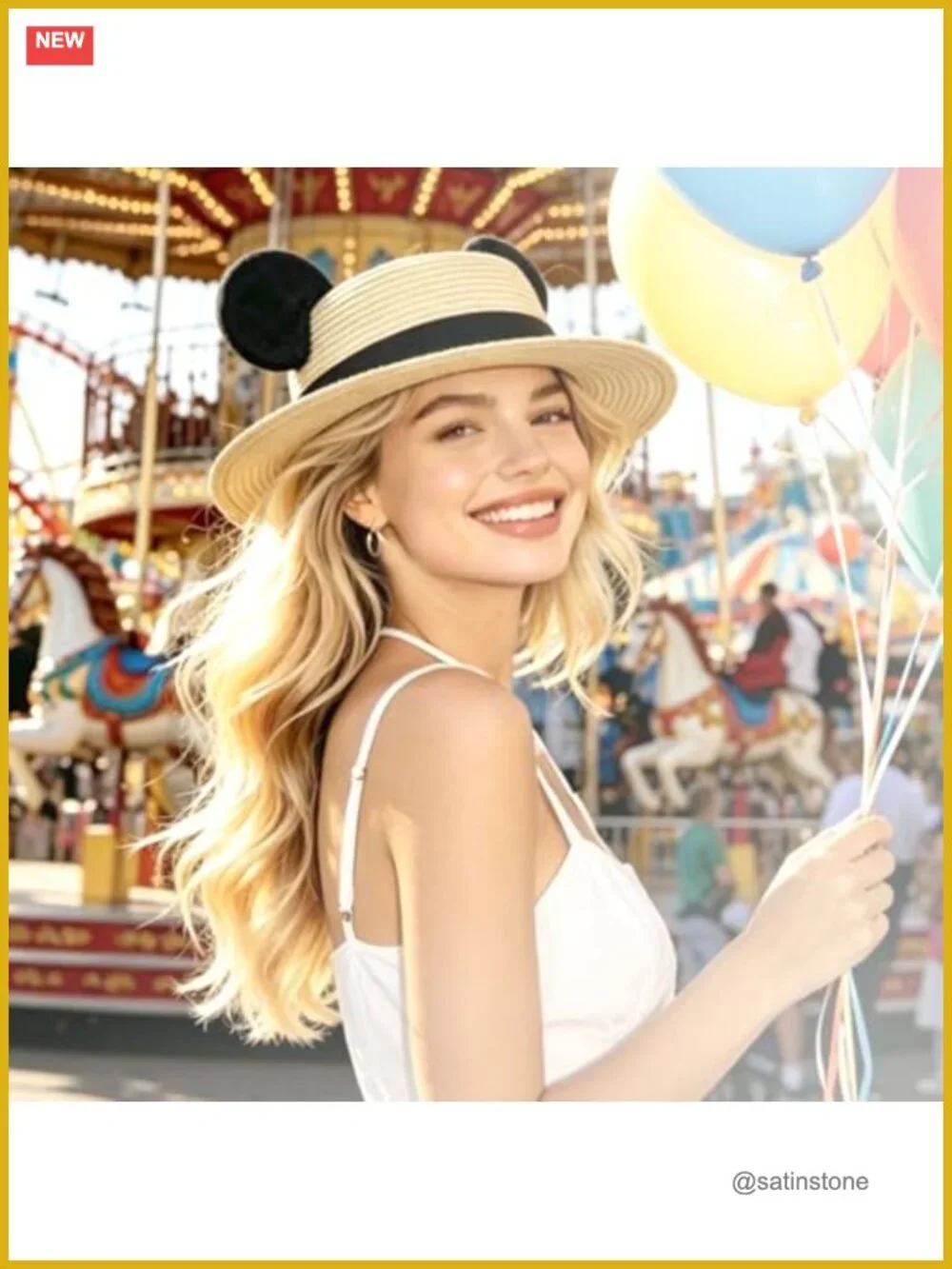 Woven Straw Boater Hat with Mouse Ears, Lightweight Breathable Sun Hat for